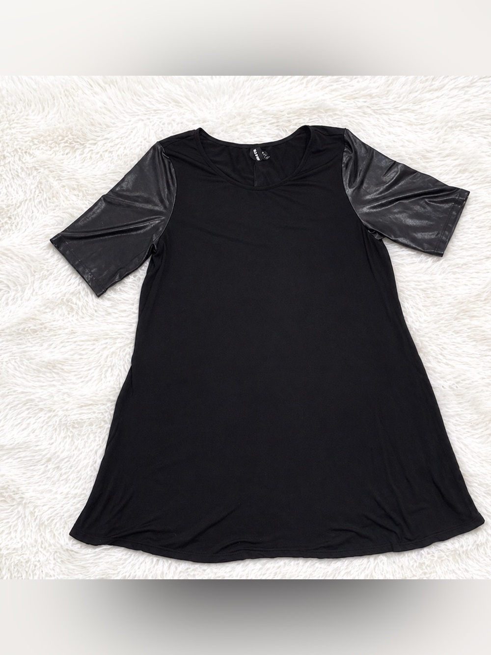 Agnes & Dora Black Swing Dress Large | Faux Leather Sleeve Tunic Dress Casual